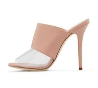 Sandali da donna in pelle PU con tacco a punta aperta in PVC trasparente a spillo muli senza schienale slip on pompe abito pantofole scarpe, Beige, 37.5 EU