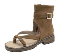 Sandali da donna in stile romano con clip Toe appartamenti in pelle scamosciata con cerniera fibbia per cintura di grandi dimensioni scarpe morbide quotidiane, Marrone, 44 EU