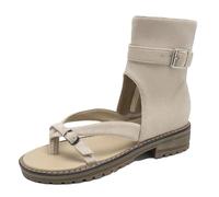 Sandali da donna in stile romano con clip Toe appartamenti in pelle scamosciata con cerniera fibbia per cintura di grandi dimensioni scarpe morbide quotidiane, Beige, 36 EU