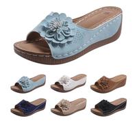 Sandali da donna neri, pantofole estive con fiori, alla moda, permeabili all'aria, per asciugare, con taglio ortopedico, resistenti all'abrasione, sandali con zeppa, Celeste., 36 EU