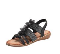 Sandali da donna piatti gladiatore slip on Bohemia design floreale Open Toe estate casual spiaggia romana scarpe, Nero , 36 EU