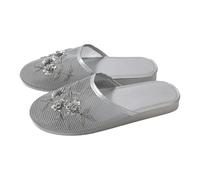 Sandali da donna piatti senza lacci, pantofole estive da donna, punta chiusa, in rete traspirante, con decorazioni floreali ricamate, antiscivolo, leggere, comode scarpe estive per interni, Argento