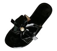 Sandali da donna piatti senza lacci, sandali da spiaggia da donna in pelle verniciata lucida, sandali rotondi aperti a punta aperta, traspiranti, pantofole estive con accento perlato, antiscivolo
