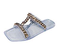 Sandali da donna Scarpe da donna Pantofole estive con catena in metallo a punta quadrata pantofole alla moda piatte taglie forti sandali da donna, Trasparente, 38.5 EU