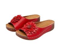 Sandali da donna senza schienale con zeppa bassa e punta aperta, con plateau, traspiranti, con applicazioni floreali, antiscivolo, larghe, comode, estive, plantari, Rosso, 40 EU