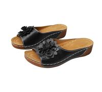 Sandali da donna senza schienale con zeppa bassa e punta aperta, con plateau, traspiranti, con applicazioni floreali, antiscivolo, larghe, comode, estive, plantari, Nero , 40.5 EU