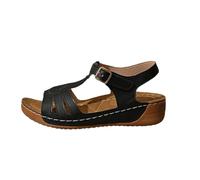 Sandali da passeggio da donna in pelle con zeppa bassa a bocca di pesce, sandali piatti a punta aperta, taglie forti, vestibilità regolare, scarpe da passeggio antiscivolo, vestibilità larga, sandali
