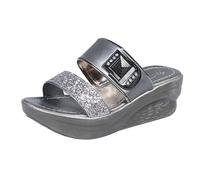 Sandali da passeggio da donna UK pantofole da donna primavera estate e autunno una parola bocca di pesce usura esterna zeppa romana leggera vacanza spiaggia confortevole casual, Grigio, 37.5 EU