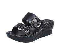 Sandali da passeggio da donna UK pantofole da donna primavera estate e autunno una parola bocca di pesce usura esterna zeppa romana leggera vacanza spiaggia confortevole casual, Nero , 37.5 EU