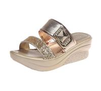 Sandali da passeggio da donna UK pantofole da donna primavera estate e autunno una parola bocca di pesce usura esterna zeppa romana leggera vacanza spiaggia confortevole casual, Oro, 38.5 EU