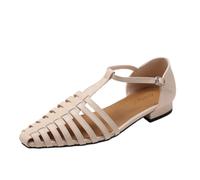 Sandali da Pescatore Bassi da Donna in Pelle Intrecciata con Cinturino a T, Comodi e alla Moda, con Fibbia Regolabile, Sandali Romani Bassi, Scarpe estive Casual Traspiranti da Spiaggia,Beige,43 EU
