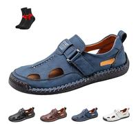 Sandali da Pescatore Piatti Scavati in Pelle da Uomo, Sandali Casual Regolabili con Punta Chiusa, Sandali da Trekking All'aperto con Suola Morbida(Blue,45 EU)