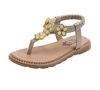 Sandali da ragazza con brillantini, antiscivolo, leggeri, decori floreali, eleganti separatori per dita, scarpe estive piatte, suola morbida, sandali da spiaggia, perfetti per le principesse, gold, 27