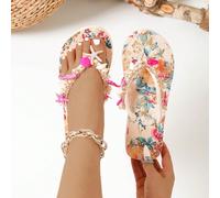 Sandali da spiaggia casual alla moda e versatili da donna con ciondolo naturale a forma di conchiglia, stella marina e cavalluccio marino rosso, infradito piatte con stampa floreale antiscivolo, adatt