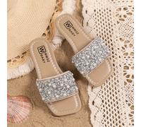 Sandali da spiaggia estivi per bambini decorati con cristalli e perle, ciabattine da principessa piatte con punta aperta per bambine, fatti a mano con cristalli leggermente disomogenei, colore suola c