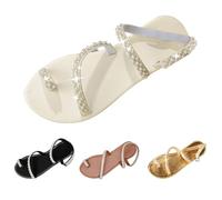 Sandali da spiaggia per donne, scarpe estive da donna, leggeri e ariosi, con perle, sandali piatti lucidi, senza schiena, suola morbida, piedini confortevoli, sandali casual, bianco, 37 EU