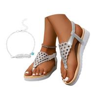 Sandali Da Sposa Con Zeppa Sandals Estivi Glitterati Con Strass Infradito Boho Da Donna 2026 Sandali Retrò Con Separatore Di Punta Con Fascia Elastica Scarpe Da Spiaggia A Piede Largo(Silver,41 EU)