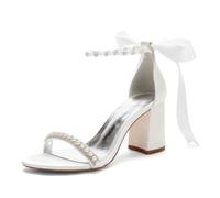 Sandali da Sposa Donna in Raso con Tacco Largo | Punta aperta, tacco chunky, strass di perle, comode, serata, ballo di fine anno, festa, lavoro, décolleté formali