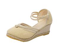Sandali da trekking da donna, leggeri, estivi con tacco, leggeri, a piedi nudi, antiscivolo, con zeppa, chiusi, in sughero, con fibbia, in tessuto, da donna, comodi da trekking, beige., 39 EU
