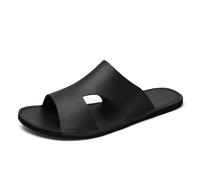 Sandali da uomo in pelle piatti classici rotondi con punta aperta senza lacci comodi fondo morbido antiscivolo pantofole casual leggere spiaggia passeggiate vacanze sandali estivi, Nero , 45 1/3 EU