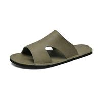 Sandali da uomo in pelle piatti classici rotondi con punta aperta senza lacci comodi fondo morbido antiscivolo pantofole casual leggere spiaggia passeggiate vacanze sandali estivi, cachi, 41 1/3 EU