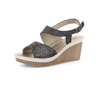 Sandali Donna a Zeppa con Fibbia Regolabile, Plantare Imbottito e Decoro Traforato Floreale, Tacco 7,5cm, Nero, 39