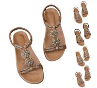 Sandali Donna Comodi Piatti Vestire Estate Boemie Eleganti Sandalo Retrò Pietre Moda Traspiranti Scarpe Spiaggia Festa Antiscivolo Caviglia Cinghia Elastico Scarpe Piatte Fiore Matrimonio 2025, caffè