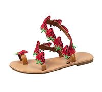 Sandali Donna Elegante Scarpe Estive Eleganti Donna Summer Strawberry Decoration Flock On Casual Open Toe Flat Soft Bottom Scarpe traspiranti Sandali Trekking Estive Sandaletti (Red 38)