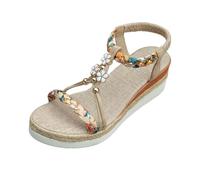 Sandali Donna Estive con Zeppa, Sandali Donna Estive Eleganti Sandali Estivi Piatti Sandali BohéMien Perline Strass Scarpe Spiaggiper Tempo Libero Sandali Elastiche AllCavigliIntrecciate (Beige 37)