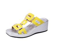 Sandali Donna Mules Zeppe Piattaforma | Punta Aperta con Doppia Flangia Lucida, Posteriore Aperto, Suola Spessa Textured Visibile, Linea Casual Chic | Città, Tempo Libero, Primavera Estate, 01 Giallo