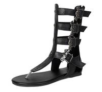 Sandali Donna Piatti Reggicalze Gladiatori Romani Stivali Sandali al Ginocchio Scarpe Estive Casual per Passeggiata Quotidiana in Città e Viaggio,Nero,35 EU