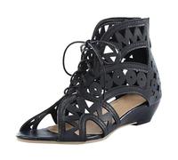 Sandali Donna Zeppa Gladiatori Donna Con Intagli, Sandali Romani Punta Aperta Allacciati Alla Caviglia E Zip Posteriore, Scarpe Estive Casual Con Zeppa Bassa,Nero,42 EU