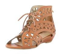Sandali Donna Zeppa Gladiatori Donna Con Intagli, Sandali Romani Punta Aperta Allacciati Alla Caviglia E Zip Posteriore, Scarpe Estive Casual Con Zeppa Bassa,Marrone,36 EU