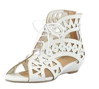 Sandali Donna Zeppa Gladiatori Donna Con Intagli, Sandali Romani Punta Aperta Allacciati Alla Caviglia E Zip Posteriore, Scarpe Estive Casual Con Zeppa Bassa,Bianca,40 EU