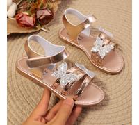 Sandali eleganti da ragazza per l'estate, decorati con farfalle, punta tonda e aperta, scarpe da principessa dorate alla romana, scarpe da spiaggia e resort alla moda, adatte per passeggiate all'apert