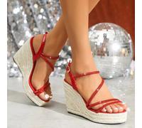 Sandali Espadrilles Zeppa 8.4 cm Plateau Rosso Strass Pelle Sintetica 00481