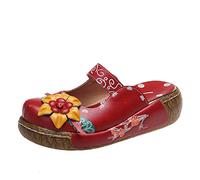 Sandali Estive Donna, Popoti Sandali Zeppa Ciabatte in Pelle Pantofole Mocassini Pompe Boemia Fiore Eleganti Slip-On Flip Flops Sandali con Tacco Infradito Spiaggia Nuovo Bassi Scarpe (Rosso-1, 39)