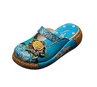 Sandali Estive Donna, Popoti Sandali Zeppa Ciabatte in Pelle Pantofole Mocassini Pompe Boemia Fiore Eleganti Slip-On Flip Flops Sandali con Tacco Infradito Spiaggia Nuovo Bassi Scarpe (Blu-B, 38)