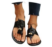 Sandali Estivi Con Separatori Dita Infradito Vintage Da Donna Con Frange Pantofole Con Punta A Clip Pantofole Ortopediche Flip Flops Piatte In Pelle PU for Studenti Scarpe Da Spiaggia(Black,38 EU)