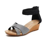 Sandali Estivi Con Zeppa E Plateau, Sandali Da Donna Con Zeppa Intrecciata Punta Aperta E Cerniera Posteriore Stile Romano, Scarpe Casual Alla Moda Antiscivolo Passeggio Da Spiaggia(Black,37 EU)