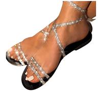 Sandali estivi da donna, con brillantini: sandali da donna, piatti, in argento, eleganti, comodi, estivi, con strass, con cinghia, sandali da sera, infradito, Nero , 38