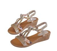 Sandali estivi da donna con strass, glitterati, con zeppa, sandali estivi piatti, sandali da spiaggia bohémien, sandali per il tempo libero, sandali aperti a piedi nudi, sandali elastici alla caviglia