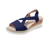 Sandali estivi da donna con zeppa, estivi, da donna, eleganti, alla caviglia, elastici, con tacco a croce, con cinturino a croce, espadrilles, Blu marino, 42 EU