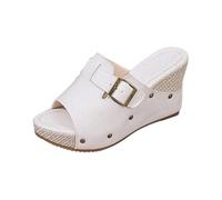 Sandali estivi da donna con zeppa - Pantofole con fibbia con plateau Peep Toe estivi sandali ortopedici con zeppa, eleganti e comodi da spiaggia, antiscivolo, per le vacanze, bianco, 40 EU