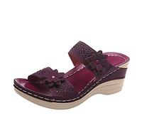 Sandali estivi da donna, eleganti, leggeri, con applicazioni floreali e suola morbida, comodi da indossare per le giornate calde, suola antiscivolo per la sicurezza, Vino, 37 EU
