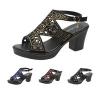 Sandali estivi da donna, in pelle, con tacco alto, con brillantini, regolabili, da sera, con tacchi, sandali aperti, Nero , 37 EU
