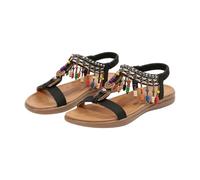 Sandali estivi da donna piatti bohémien colorati con frange e cinturino in tessuto elastico alla caviglia casual vacanze festival spiaggia appartamenti, Nero , 37.5 EU