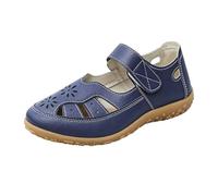 Sandali estivi da donna traforati, comodi sandali con zeppa, sandali ortopedici, piatti, leggeri, da spiaggia, antiscivolo, in pelle, stile retrò, a blocchi di colore, con punta chiusa, Blu scuro, 38