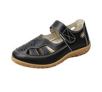 Sandali estivi da donna traforati, comodi sandali con zeppa, sandali ortopedici, piatti, leggeri, da spiaggia, antiscivolo, in pelle, stile retrò, a blocchi di colore, con punta chiusa, Nero , 39 EU