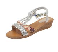 Sandali estivi da donna UK Open Toe Platform Zeppa Sandali eleganti casual estivi comodi scintillanti bohémien spiaggia perline scarpe da sposa all'aperto, Cenere Chiaro, 35.5 EU